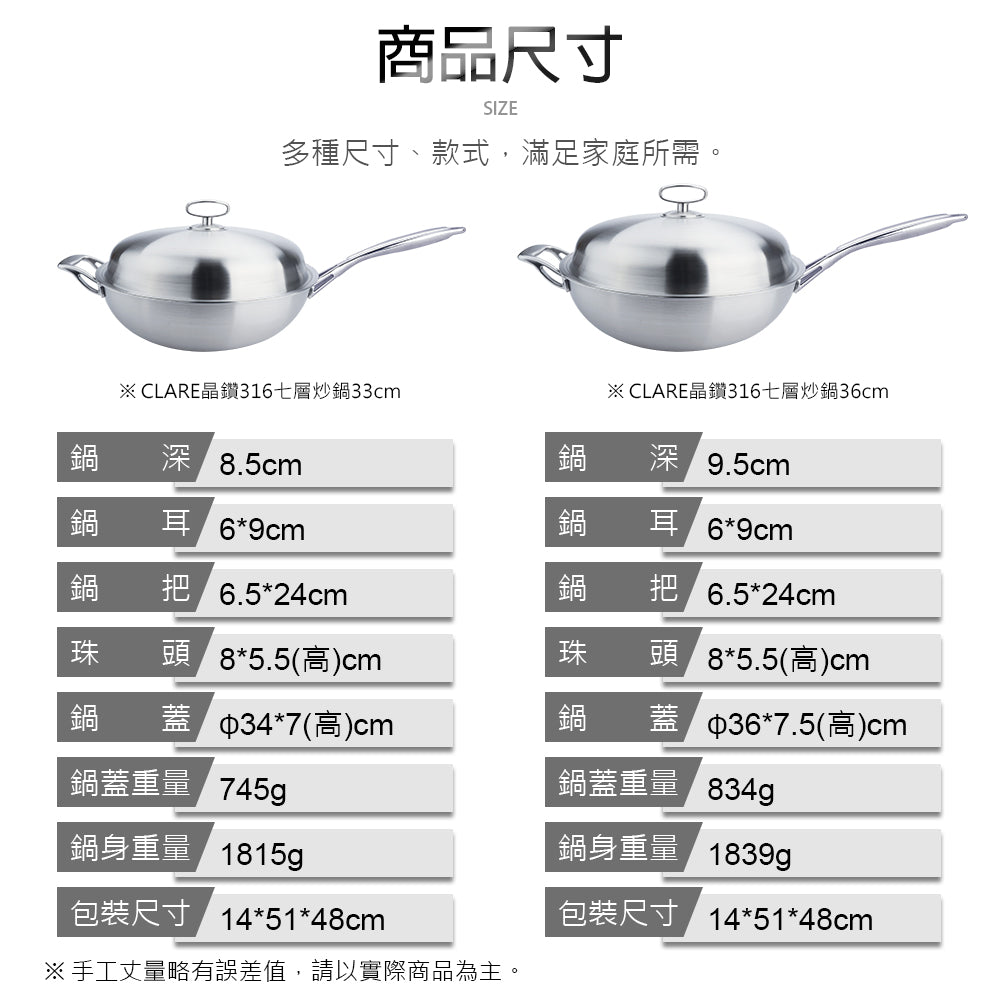 Le idea 樂德兒│CLARE 晶鑽 316不鏽鋼 七層 複合金 炒鍋 附蓋